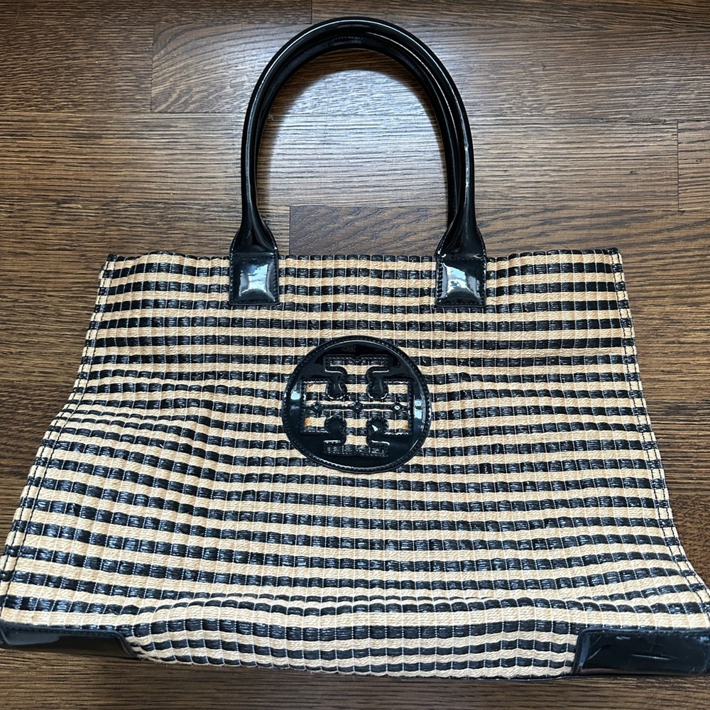 Tory Burch Black and Tan Straw Tote Bag